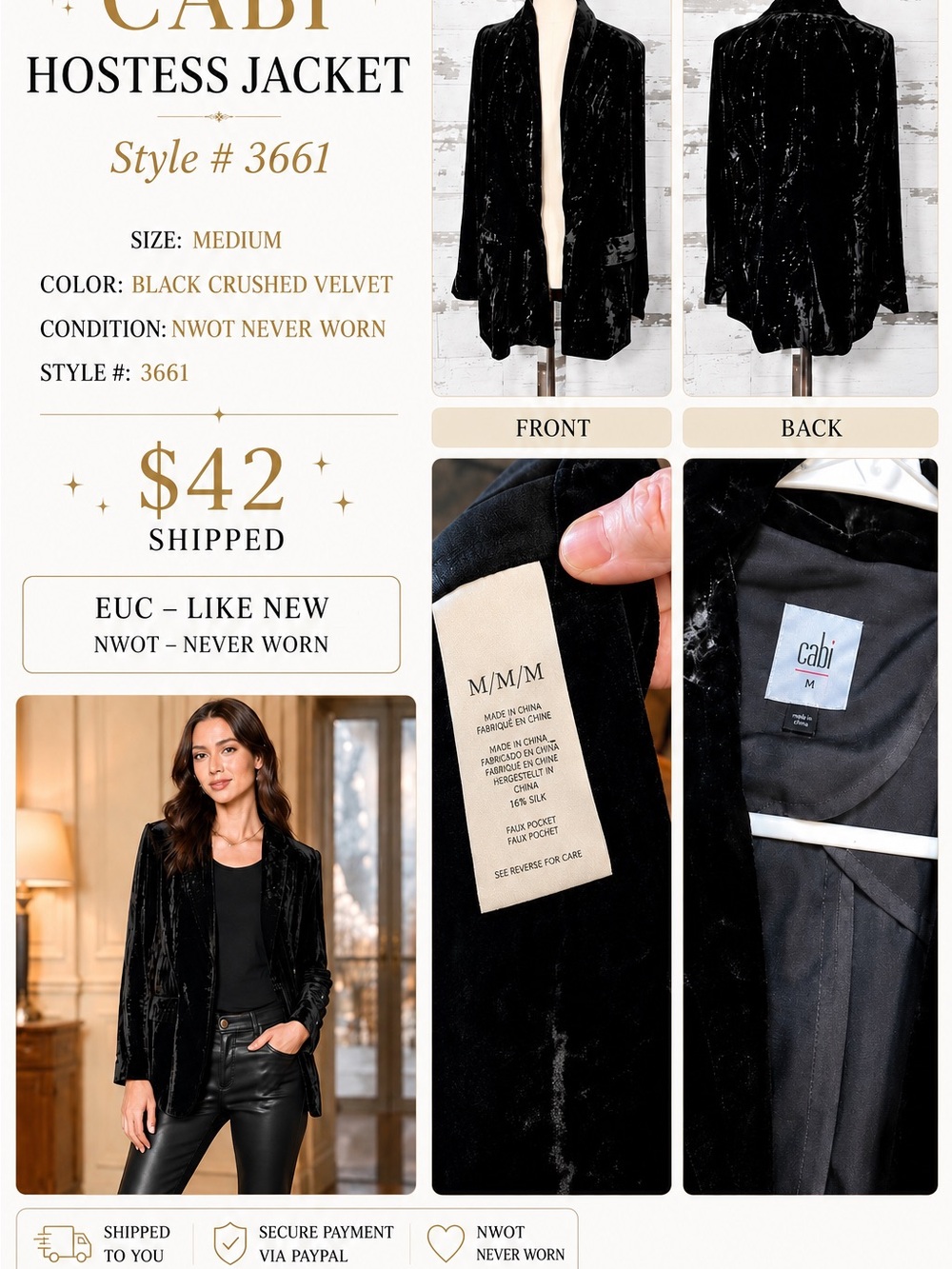 CAbi Black Crushed Velvet Open-Front Hostess Jacket